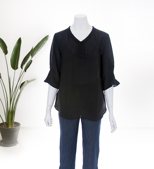 러브티 풍기인견 브이넥 셔링 프릴 인견 블라우스 티셔츠