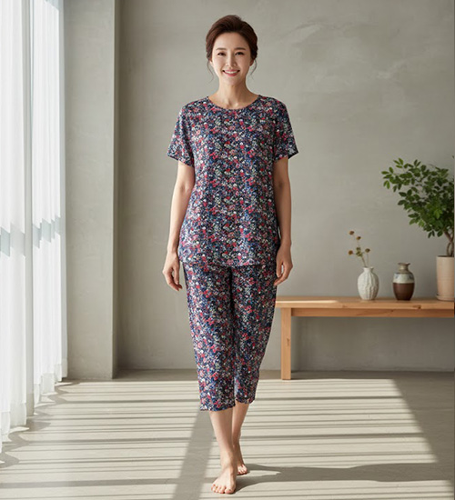 플레인 일자바지 반팔 인견 상하세트 (블루잔꽃)