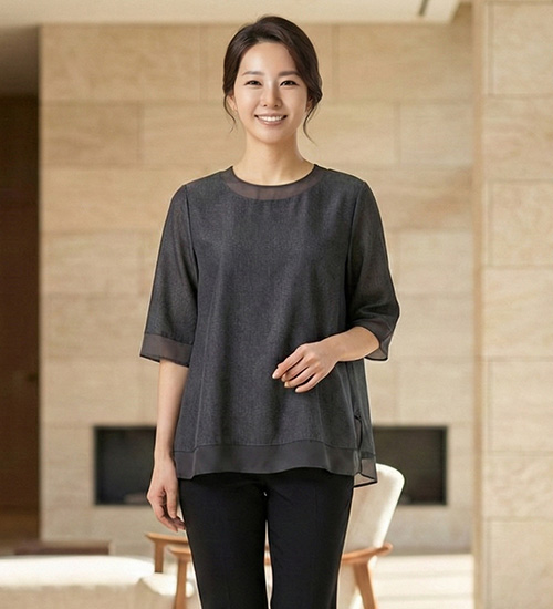 엘리스 24 - 풍기인견 7부소매 스트링 인견 블라우스 (블랙)