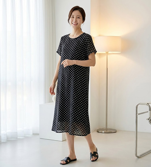 나염 반팔 인견 원피스 - 풍기인견 루즈핏 롱 홈웨어 (스몰도트)