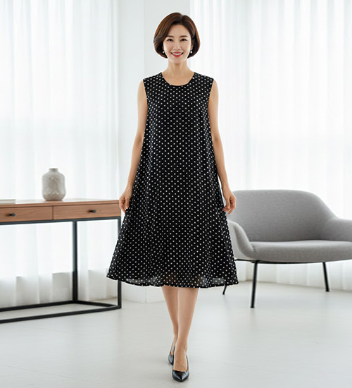 쿨나시 인견 롱 원피스 -  풍기인견 민소매 홈웨어 실내복 (스몰도트)