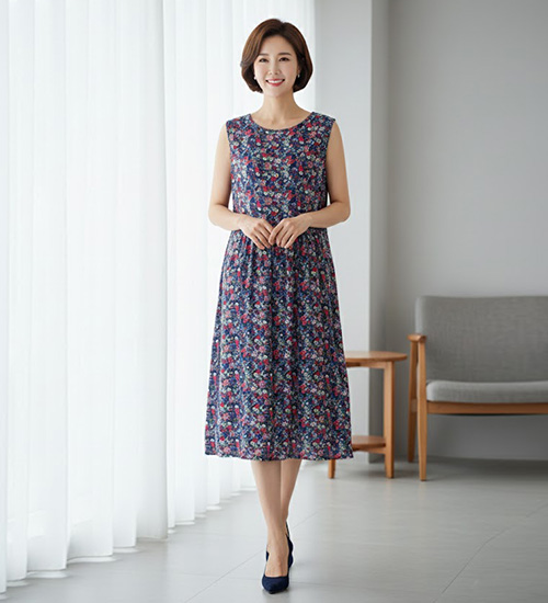 주름나시원피스 - 풍기인견 민소매 허리주름 롱 인견 홈웨어(잔꽃블루)