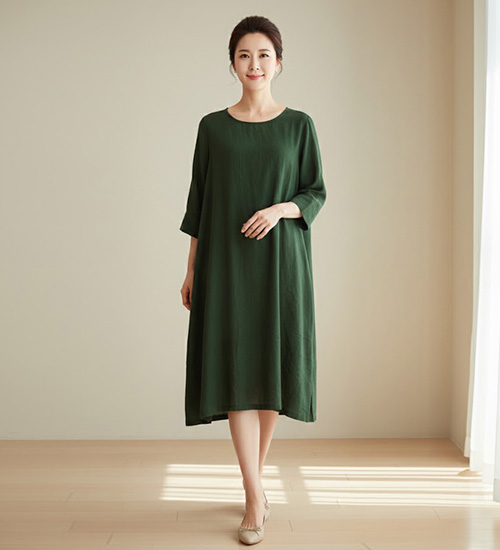 마리 뒷단추 칠부소매 인견 원피스 - 풍기인견 기본 박시 루즈핏 단색 (그린)