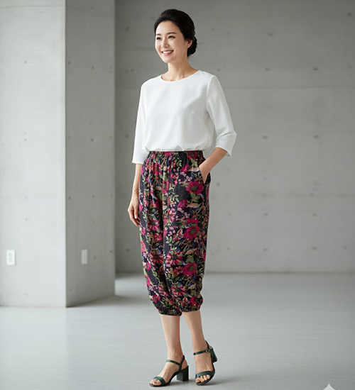 프리 인견 알라딘 7부 통 바지(블랙꽃)