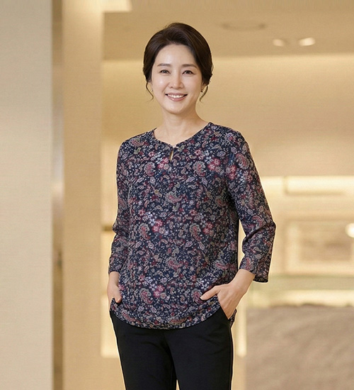 플라워 앞단추 긴팔 인견 블라우스(꽃아메바)