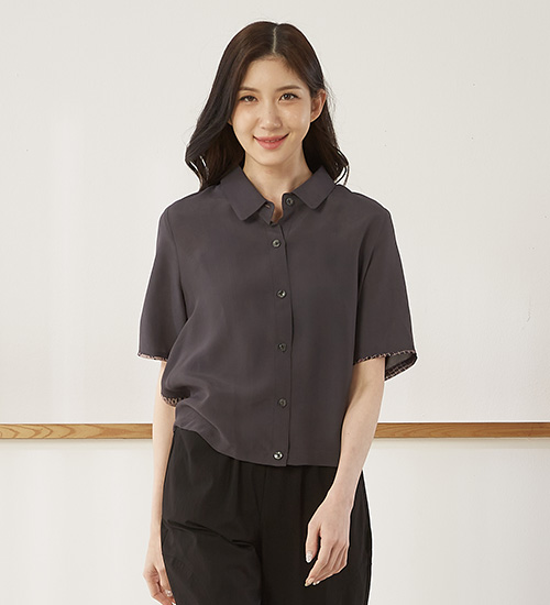 브랜드JK 인견 카라 배색 블라우스(그레이)