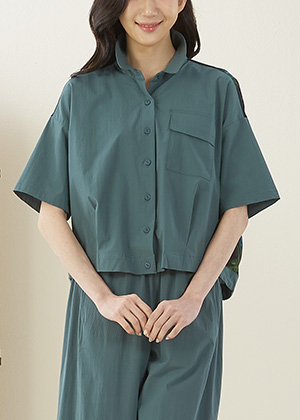 트로이JK 인견 카라 배색 블라우스(L블루)