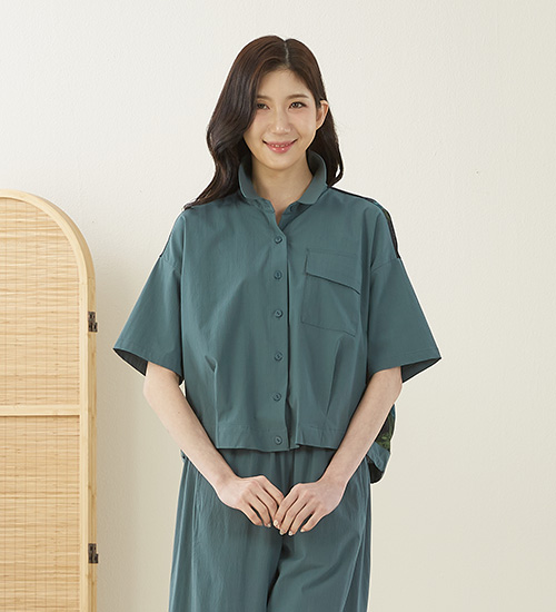 트로이JK 인견 카라 배색 블라우스(L블루)