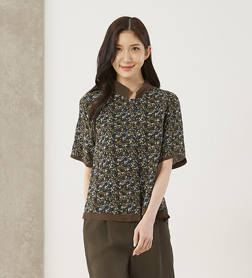 후렌치BL 배색 인견 블라우스(브라운)
