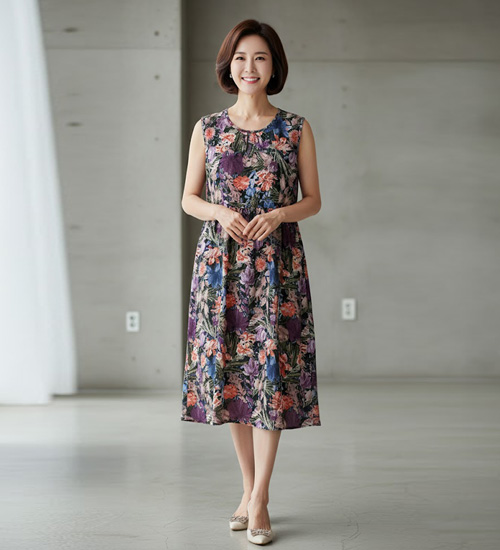 나시 주름 인견 원피스(카키꽃)