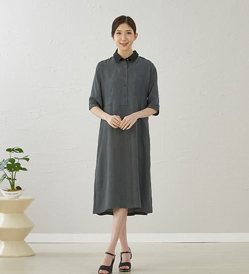 가든OPS 카라 배색 인견 롱 원피스(올리브)