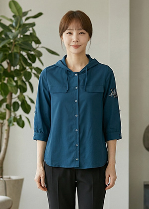 포스트jk - 풍기인견 후드 자켓 블라우스(블루)