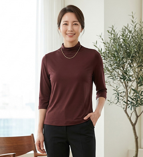비타민TS - 풍기인견 하이넥 칠부 티셔츠(브라운)