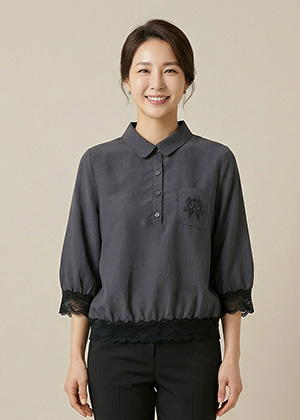 폴리BL - 풍기인견 레이스 긴팔 블라우스(그레이)