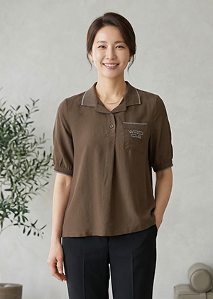 오브제BL - 풍기인견 카라 반팔 블라우스(코코아)