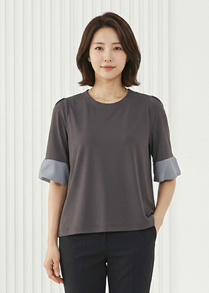 아쿠아BL - 풍기인견 배색 블라우스(그레이)