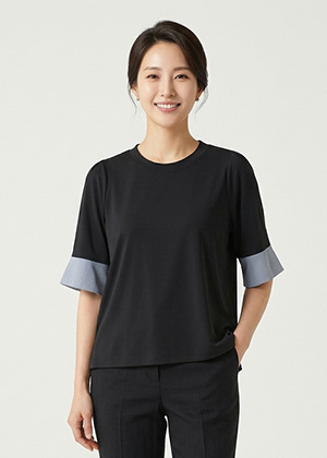 아쿠아BL - 풍기인견 배색 블라우스(블랙)