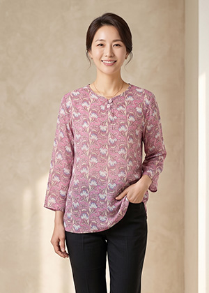 플라워 앞단추 긴팔 인견 블라우스(핑크 모리스)