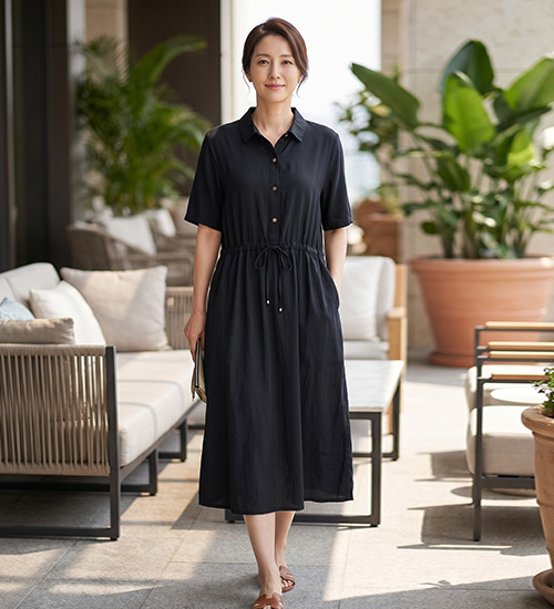 자연 카라 스트링 인견 원피스 (네이비)