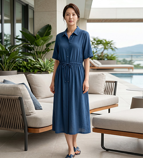 자연 카라 스트링 인견 원피스 (블루)